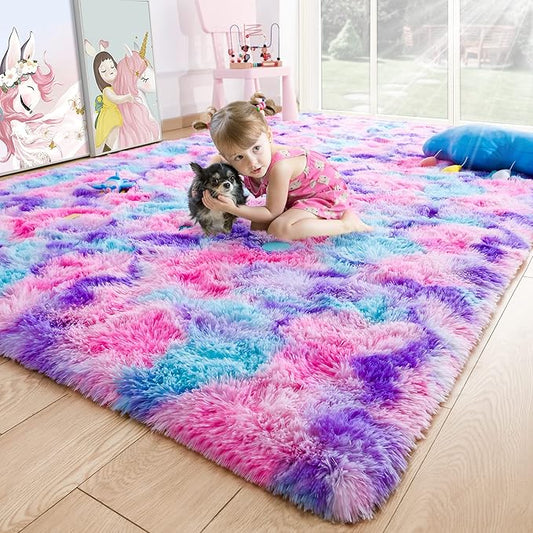 Noahas 4x6 Fluffy Kids Rugs for Room,Soft Hot Pink and Purple Tie-Dyed Rainbow Rug for Girls Bedroom,Soft Colorful Playroom Shag Nursery Carpets Room Decor