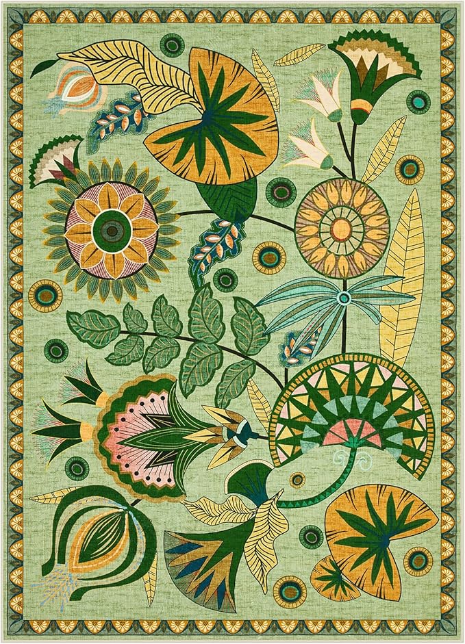 Joydeco Egypt Floral Boho Washable 5x7 Rug for Bedroom Nursery, Sage Green Vintage Living Room Playroom Area Rug Non Slip, Colorful Throw Carpet for Dining Room Kitchen Entryway Dorm