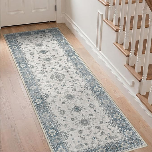 GENIMO Runner Rug for Hallways Machine Washable, 2x7 Non Slip Boho Vintage Lightweight Washable Runners, Thin Floor Rugs for Entryway Hallway Bathroom Laundry Room Corridor, Misty Blue
