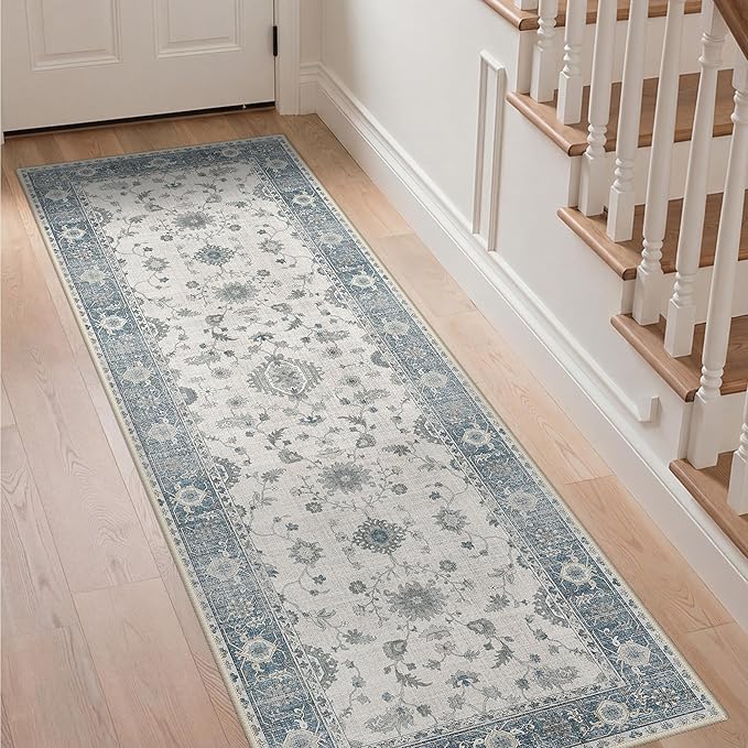 GENIMO Runner Rug for Hallways Machine Washable, 2x6 Non Slip Boho Vintage Lightweight Washable Runners, Thin Floor Rugs for Entryway Hallway Bathroom Laundry Room Corridor, Misty Blue