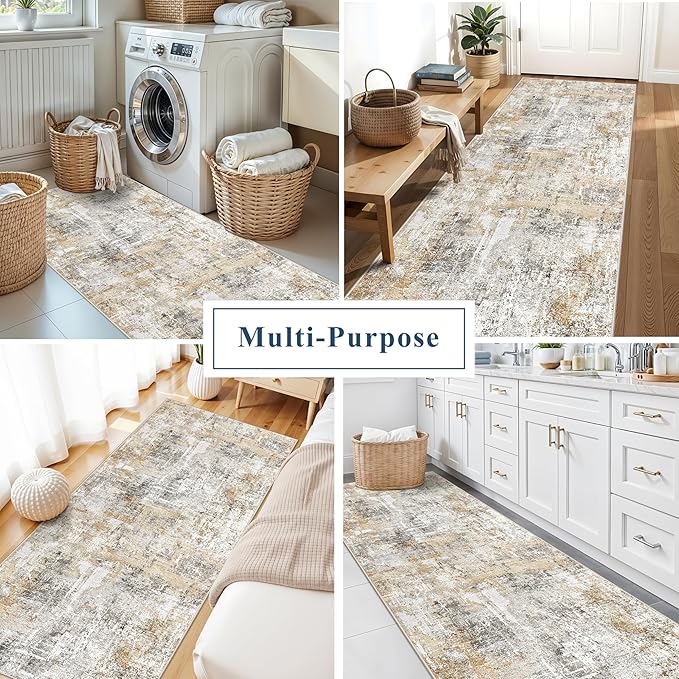 3x8 Washable Non-Slip Runner Rug – Modern Abstract Neutral Wide Carpet Runner for Kitchen, Hallway, Entryway, Bathroom, Bedroom – Low-Pile Thin Floor Mat with Rubber Backing (Gold Grey)
