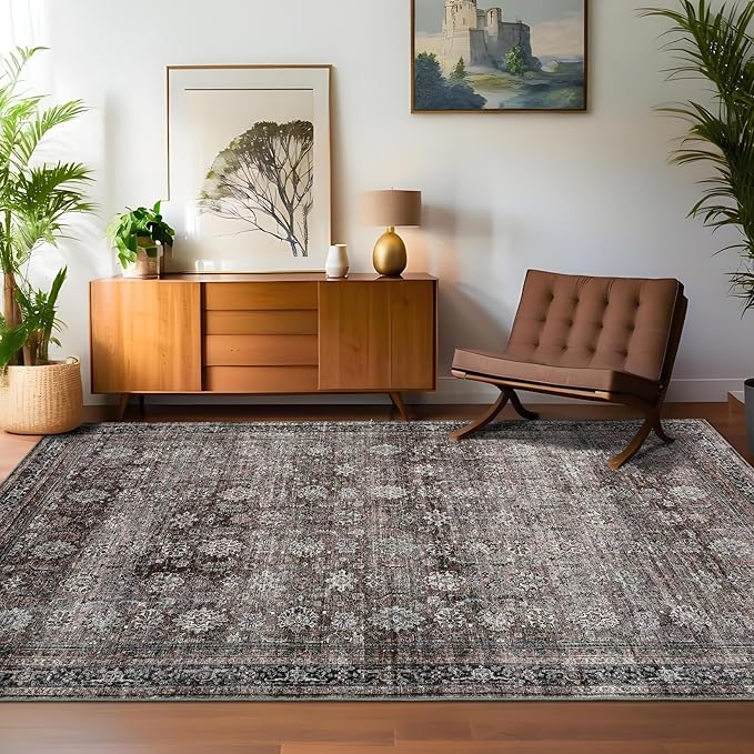 GarveeHome Large Area Rugs 9x12 Vintage Printed Living Room with Non-Slip Backing, Stain-Resistant Oriental Accent Rugs, Washable Farmhouse Low Pile Rugs for Bedroom, Office, Brown