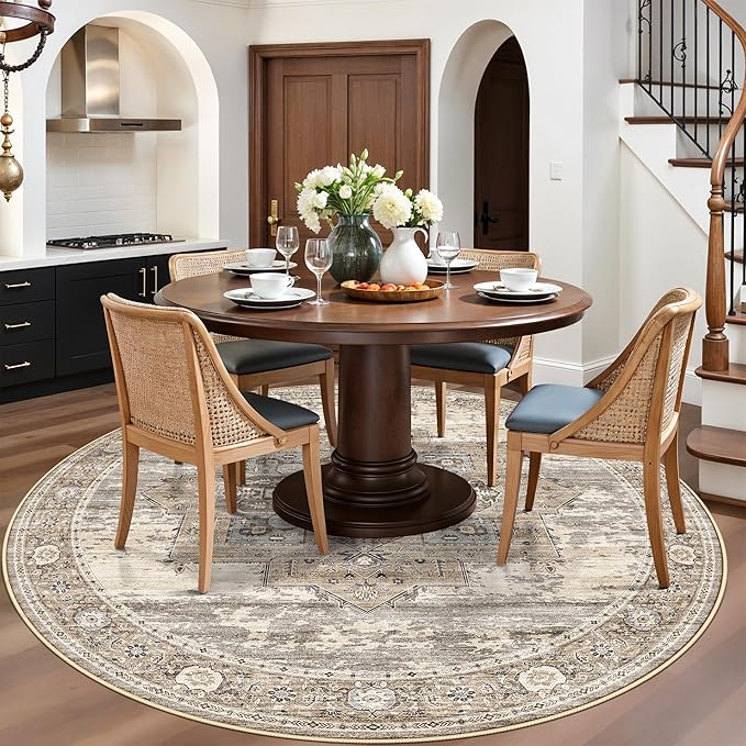 RUUGME Washable Round Rug 5ft: Living Room Circle Rugs with Non Slip Rubber Backing Stain Resistant Indoor Carpet for Bedroom Ultra Thin Soft Floor Decor Mat 5ft Beige