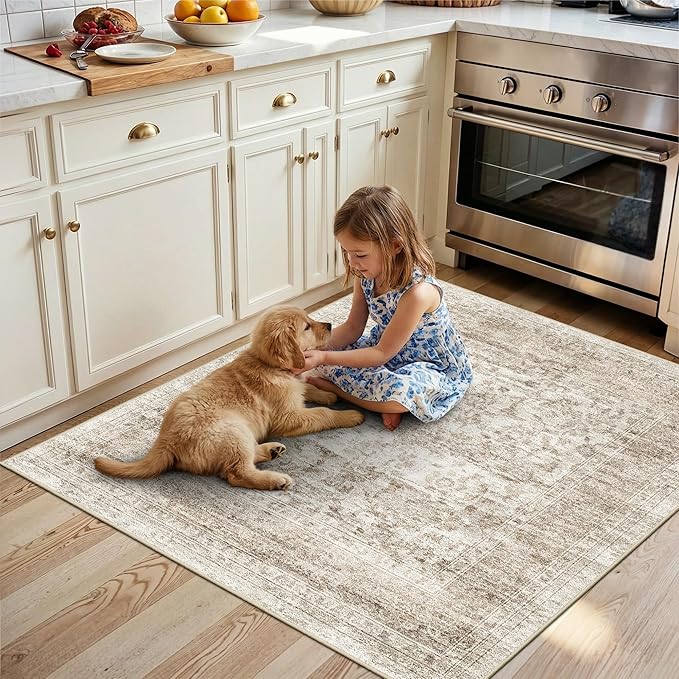 RUUGME Washable 3x3 Rugs Square - Boho Low Pile Soft Area Rugs for Entryway Kitchen Bathroom Bedroom Stain Resistant Ultra Thin Carpets with Non Slip Backing Indoor Home Decor 3x3 Beige Brown