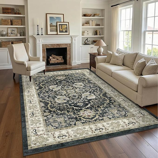 Black 5x7 Washable Area Rug, Non-Slip Soft Ultra-Thin Polyester Carpet with Vintage Stain Resistant Indoor Rug for Living Room, Bedroom, Dining Room, Nursery Oeko-TEX - Black