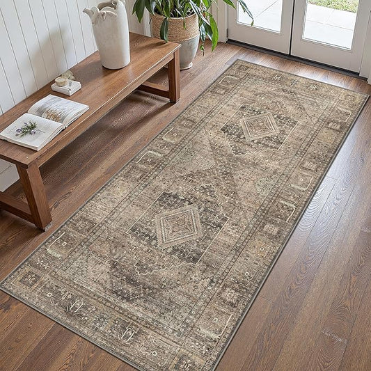 GENIMO Runner Rug for Hallways Machine Washable, 2x10 Non Slip Boho Vintage Lightweight Washable Runners, Thin Floor Rugs for Entryway Hallway Bathroom Laundry Room Corridor, Rustic Tan