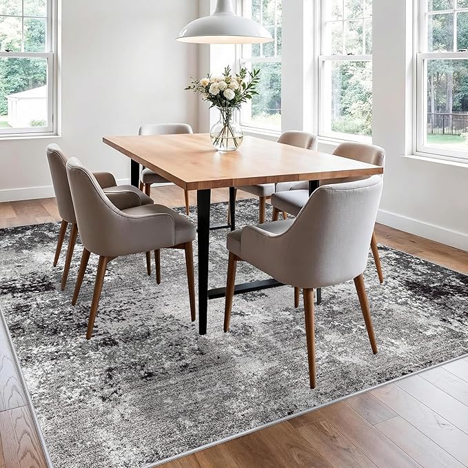 8x8 Square Living Room Area Rug – Washable Modern Neutral Abstract Indoor Rug for Bedroom, Dining Room, Kitchen – Non-Slip Soft Low-Pile Floor Carpet (Black Grey,8x8)