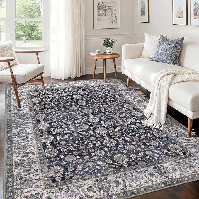 KUTA 5x7 Area Rugs, Vintage Washable Rugs for Living Room Grey Black Beige Ultra Thin Soft Non-Slip Printed Distressed Traditional Farmhouse Carpet for Bedroom Dining Room Dorm Office Home