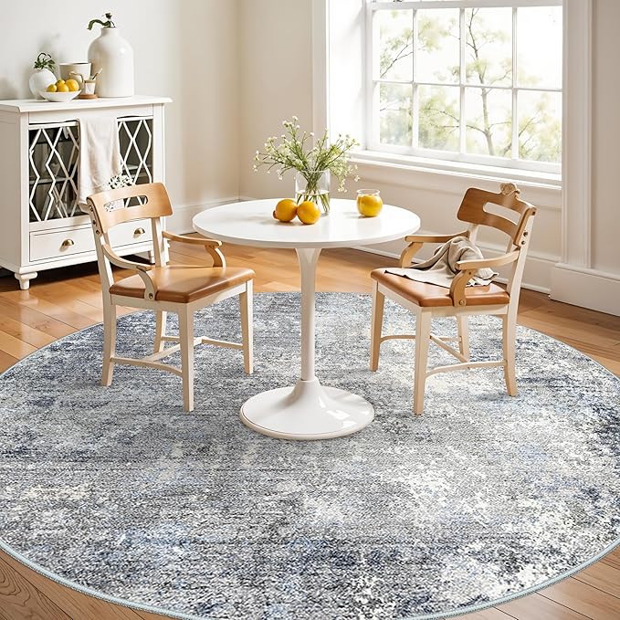Round Area Rug 6ft Washable - Non-Slip Circle Rug for Living Room Kitchen Table,Dining Room,Bedroom - Modern Abstract Neutral Low Pile Soft Circular Carpet (Blue Gray,6x6)