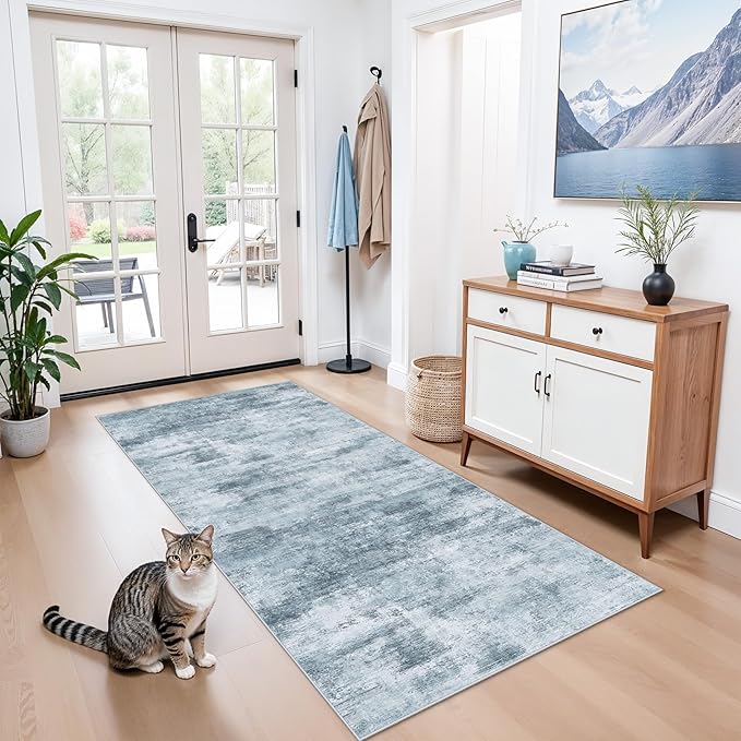 3x6 Washable Wide Runner Rug – Non-Slip Floor Carpet Runner for Kitchen Entryway Hallway Bathroom, Modern Abstract Low Pile Thin Area Rug (Blue Grey)