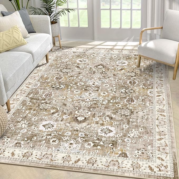 LOKHOM Living Room Area Rug 5x7, Non-Slip Vintage Soft Bedroom Rug with Rubber Backing, Low Pile Boho Floral Faux Wool Floor Carpet Distressed Rug for Bedroom Dining Room（Beige Brown）