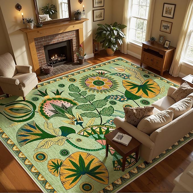 Joydeco Egypt Floral Boho 8x10 Area Rug for Living Room, Washable Sage Green Bedroom Dining Room Rug Non Slip, Vintage Large Indoor Throw Carpet for Playroom Nursery Dorm Classroom