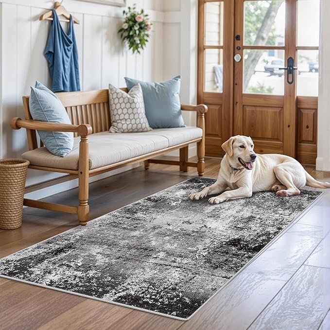 3x4 Washable Entryway Rug – Non-Slip Modern Abstract Small Area Rug for Kitchen, Bedroom, Bathroom – Soft Low-Pile Thin Indoor Door Mat（Black Grey, 3x4）