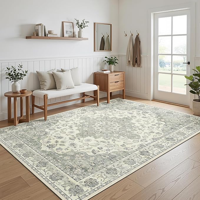 Green 5x7 Washable Area Rug, Non-Slip Soft Ultra-Thin Polyester Carpet with Vintage Stain Resistant Indoor Rug for Living Room, Bedroom, Dining Room, Nursery Oeko-TEX - Green