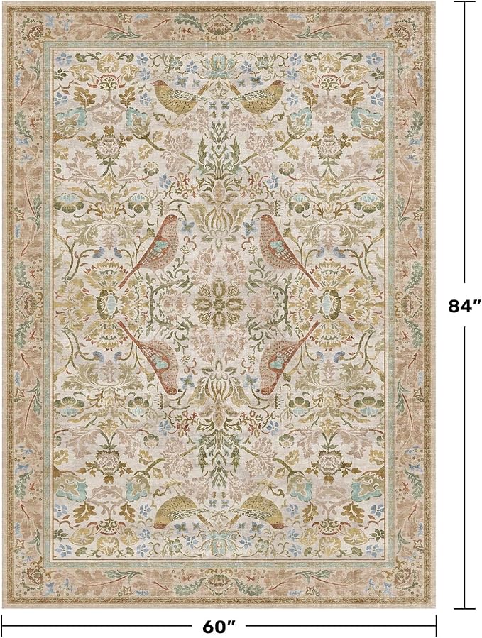 Hazo Haus Washable Area Rugs 5x7 for Living Room - Boho Cottagecore Earthy Rugs for Bedroom, Dining Room, Office with Vintage Beige Taupe Botanical & Bird Pattern, Non Slip Stain Resistant Low Pile