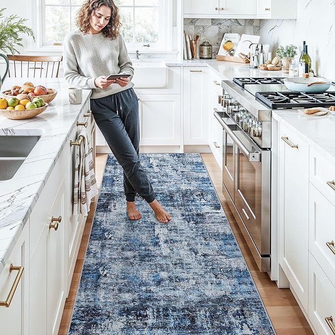3x12 ft Long Hallway Runner Rug - Non-Slip Washable Kitchen Rug with Rubber Backing,Modern Abstract Neutral Thin Low Pile Floor Carpet Runner for Entryway,Bedroom,Living Room（Blue）