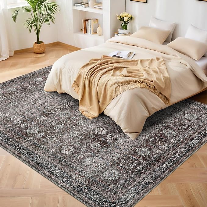 GarveeHome Area Rugs 8x10 Large Vintage Printed Accent with Non-Slip Backing, Stain-Resistant Oriental Living Room Rugs, Washable Farmhouse Low Pile Rugs for Bedroom, Office, Brown
