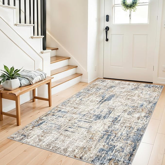 4x6 Washable Entryway Rug – Non-Slip Low-Pile Small Area Rug for Kitchen Bedroom Living Room Office – Modern Abstract Neutral Throw Carpet with Rubber Backing(Blue Brown)