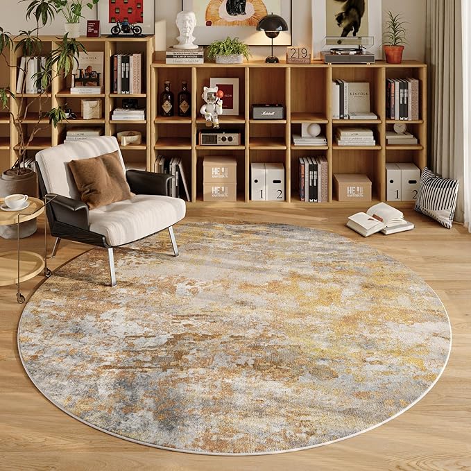 Beige Gold Round Rugs 6ft Washable Circle Area Rug for Entryway Kitchen, Non Slip Soft Low Pile Stain Resistant, Boho Circular Carpet for Living Room Bedroom Dorm Dining Room Table, Abstract