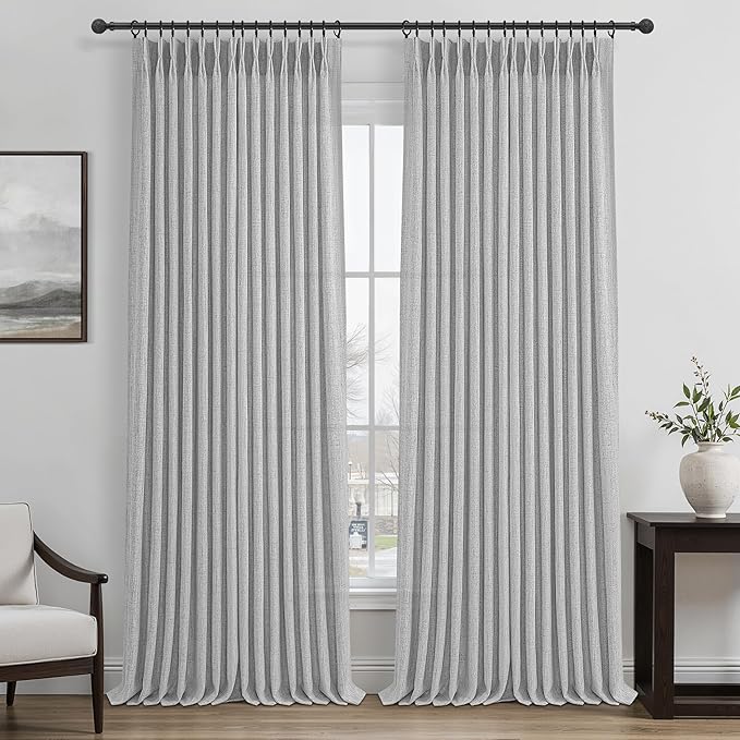 Linen Textured Sheer Light Grey Curtains 102 Inches Long for Dining Room 2 Panels Set, Pinch Pleated Gray Light Filtering Semi Through Curtain with Hooks Rings Living Room Window Drapes 40"W x 102"L
