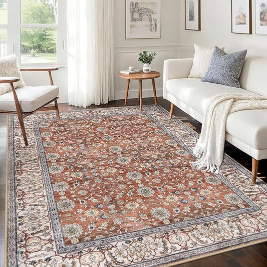 KUTA 5x7 Area Rugs, Vintage Red Clay Washable Rugs for Living Room Ultra Thin Soft Non-Slip Printed Distressed Tribal Traditional Farmhouse Carpet for Bedroom Dining Room Dorm Office Home