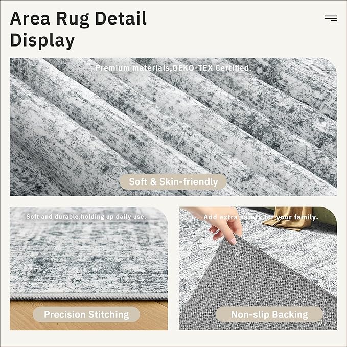Soalmost Area Rug 10x12 Vintage Washable Living Room Large Gray Carpet Non Slip Bedroom Indoor Office Dining Room Low Pile Thin Rug Grey