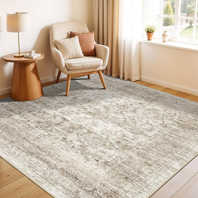 RUUGME Square Area Rugs 5x5 - Vintage Washable Rugs for Small Living Room Non Slip Rugs for Bedroom/Dining Room/Office/Nursery Stain Resistant&Easy Clean Home Decor Mat 5x5 Beige Brown