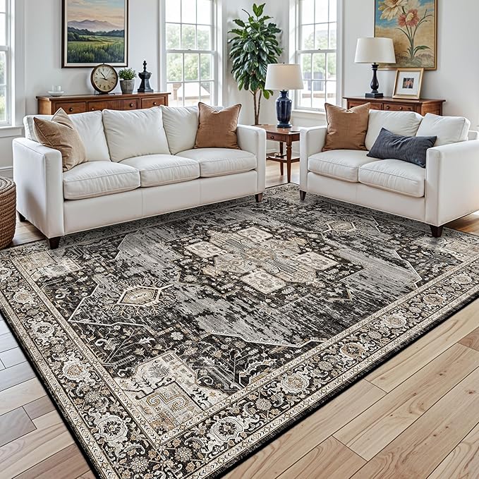 RUUGME 7x9 Area Rug Washable - Living Room Area Rugs with Non Slip Backing Stain Resistant Carpet Indoor Soft Carpets Distressed Decoration Mat for Bedroom Dining Room 7x9 Black