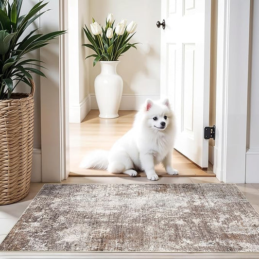 2x4 Washable Non-Slip Runner Rug – Small Throw Rug for Kitchen Floor, Bedroom, Entryway, Bathroom, Bedside – Modern Abstract Neutral Low-Pile Thin Indoor Door Mat (Brown Beige,2x4)