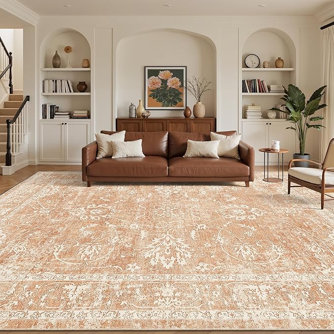 Madane 8x10 Area Rugs for Living Room, Machine Washable Vintage Rug with Non-Slip Backing, Soft Floral Print Large Throw Rugs, Thin Carpet for Bedroom Dining Room Farmhouse (8 x 10, Jasper Orange)
