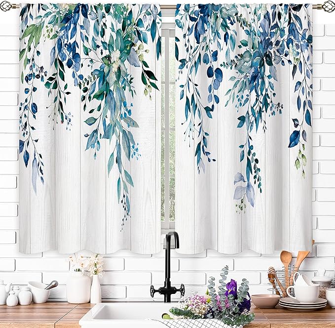 Farmhouse Teal Eucalyptus Small Kitchen Curtains Blue Leaves Window Treatment Turquoise Wooden Cafe Short Curtains for Bathroom Dining Laundry Room Botanical Tier Treatment Drapes 27.5x39 inch