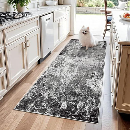 3x6 Non-Slip Washable Kitchen Rug - Soft Wide Indoor Carpet Runners for Entryway, Hallway, Bathroom with Rubber Backing, Modern Distressed Low-Pile Thin Floor Runner (Black Grey,3x6)