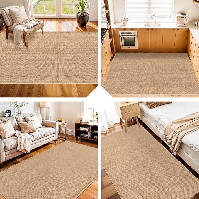 3x5 No Shed Jute Rug: Machine Washable Non Slip Rugs for Entryway Front Porch Kitchen - Door Mat Area Rug Farmhouse Neutral Non Shedding - Carpet for Bedroom Living Room (Beige,3x5)