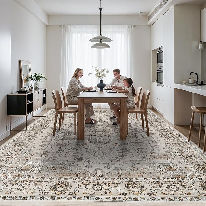 RUUGME Washable 12x15 Area Rug - Large Vintage Area Rugs with Non Slip Backing Stain Resistant Carpet for Bedroom Dining Room Indoor Soft Carpets Home Decor Decoration Mat 12x15 Ivory