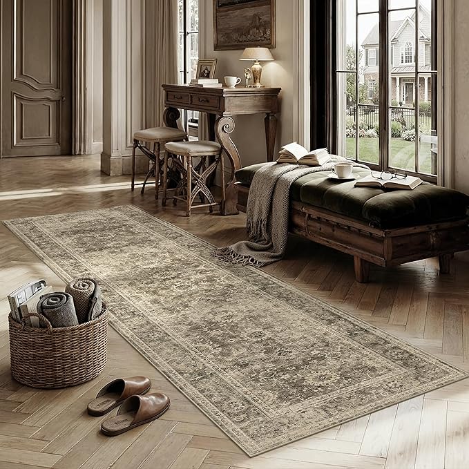 2x8 Washable Runner Rug for Kitchen Hallway Brown Vintage Non-Slip Low Pile Distressed Rustic Carpet Soft Long Throw Rug for Indoor Entryway Bedroom