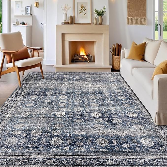 GarveeHome Washable Area Rugs 6x9 Vintage Printed Accent with Non-Slip Backing, Stain-Resistant Oriental Throw Rugs, Farmhouse Low Pile for Bedroom, Living Room, Blue