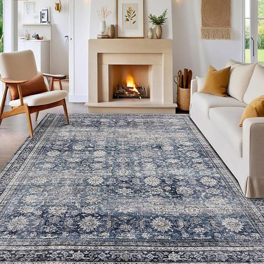 GarveeHome Washable Area Rugs 6x9 Vintage Printed Accent with Non-Slip Backing, Stain-Resistant Oriental Throw Rugs, Farmhouse Low Pile for Bedroom, Living Room, Blue