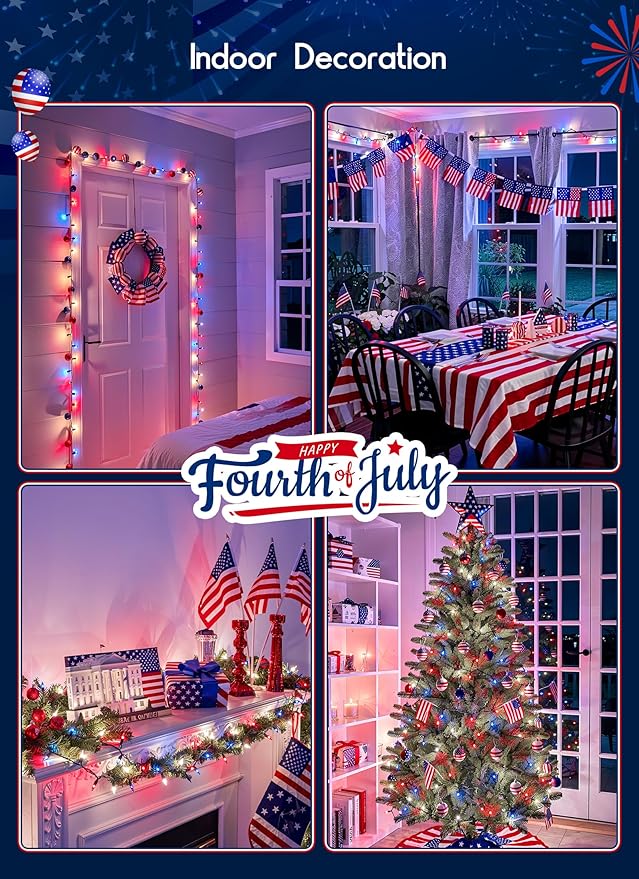 4th of July Decoration Patriotic Mini String Lights - 200 Count 40 Feet Red White Blue Christmas Lights Green Wire Waterproof for Indoor Outdoor Xmas Holiday Party Patio Independence Day Decoration