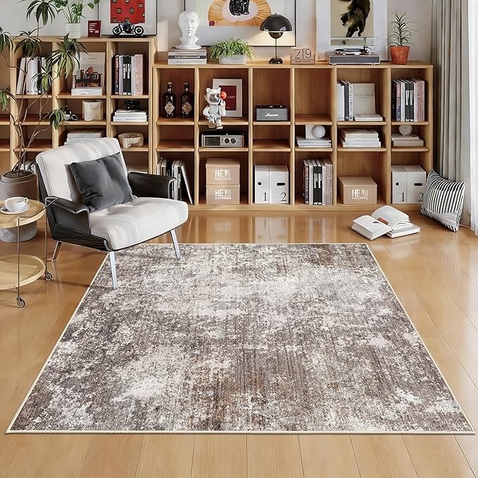 Washable 5x5 Area Rug Square – Non-Slip Soft Indoor Rug for Kitchen Living Room Entryway Bathroom – Modern Abstract Neutral 5ft Rug (Brown Beige, 5x5)