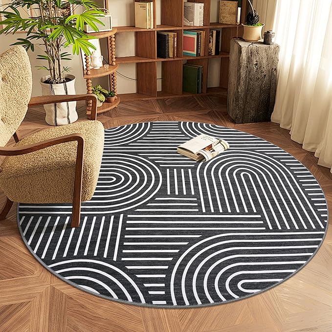 ROYHOME Washable Rug 4ft Area Rugs for Living Room, Abstract Rug for Bedroom, Soft Rainbow Non Slip Throw Rugs with Rubber Back, Low Pile Stain Resistant Boho Geometric Carpet for Dining Room,Black