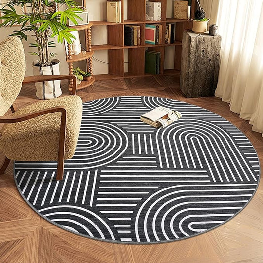 ROYHOME Washable Rug 4ft Area Rugs for Living Room, Abstract Rug for Bedroom, Soft Rainbow Non Slip Throw Rugs with Rubber Back, Low Pile Stain Resistant Boho Geometric Carpet for Dining Room,Black