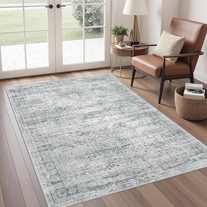 Area Rugs 4x6 for Living Room, Non-Slip Backing Small Kids Rugs for Bedroom, Vintage Abstract Rug Home Decor, Low Pile Soft Washable Rug for Kitchen, Dining Room (4'x6', Grey/Ivory)