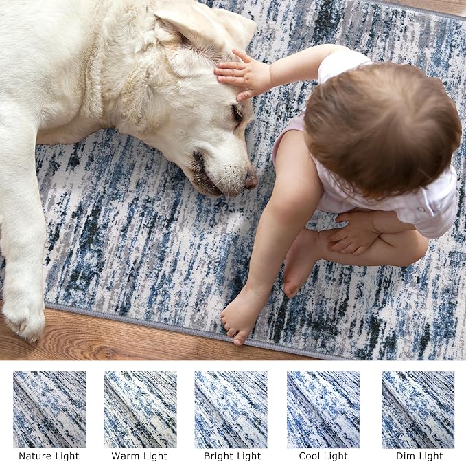 Lansny Modern Abstract 5x7 Machine Washable Area Rug Non-Slip Soft Bedroom Living Romm Rug Grey Blue White Thin Print Faux Wool Floor Carpet Throw Rugs for Nursery Playroom Dining Room Indoor