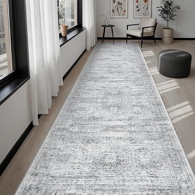 Soalmost Runner Rug 3x12 Washable Non-Slip Hallway Runner Rugs for Kitchen Bathroom Laundry Room Grey Vintage Floor Carpet Runners for Hallways Entryway