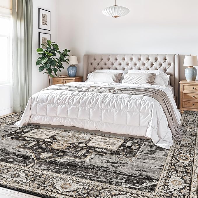 Living Room Area Rug 10' Square,Large Washable Area Rugs with Non Slip Backing Stain Resistant Carpet Indoor Soft Foldable Carpets Distressed Decoration Mat for Bedroom Dining Room 10X10 Black