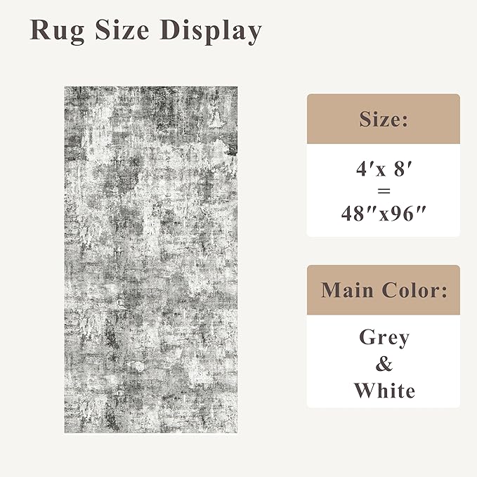 4x8 Washable Area Rug – Non-Slip Rubber Backed Indoor Rug for Entryway, Kitchen, Hallway | Modern Abstract Neutral Low Pile Thin Floor Mat for Bedroom, Living Room, Office（Grey）