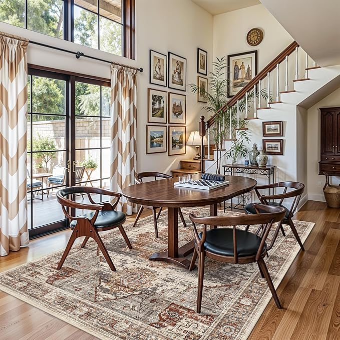 Living Room 6x9 Area Rug - Vintage Washable Rugs with Non Slip Backing Soft Stain Resistant Carpet for Bedroom Indoor Ultra-Thin Low Pile Carpets Home Decor Mat 6x9 Brick
