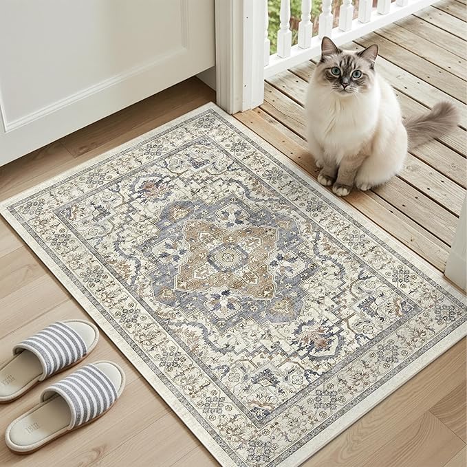 Washable Entryway Runner Rug - 2x3 Kitchen Rug Distressed Low Pile Mats Non Slip Soft Rugs for Dining Room with Rubber Backing Bedroom Runner with Vintage Design (Beige/Blue 2x3)