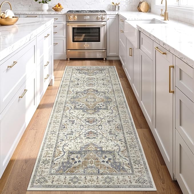 Washable Hallway Runner Rug - 3x8 Floor Carpet Rug Distressed Low Pile Mats Non Slip Soft Rugs for Dining Room with Rubber Backing Bedroom Runner with Vintage Design (Beige/Blue 3x8)