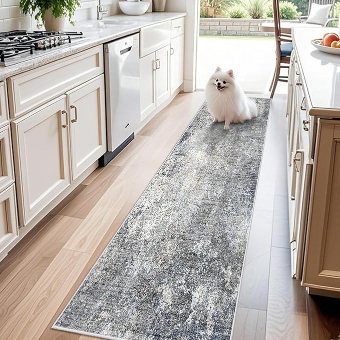 2x8 Washable Non-Slip Hallway Runner Rug – Modern Coastal Abstract Neutral Stain-Resistant Low-Pile Carpet Runner for Kitchen Entryway Bedroom Bathroom (Blue Gray,2x8)